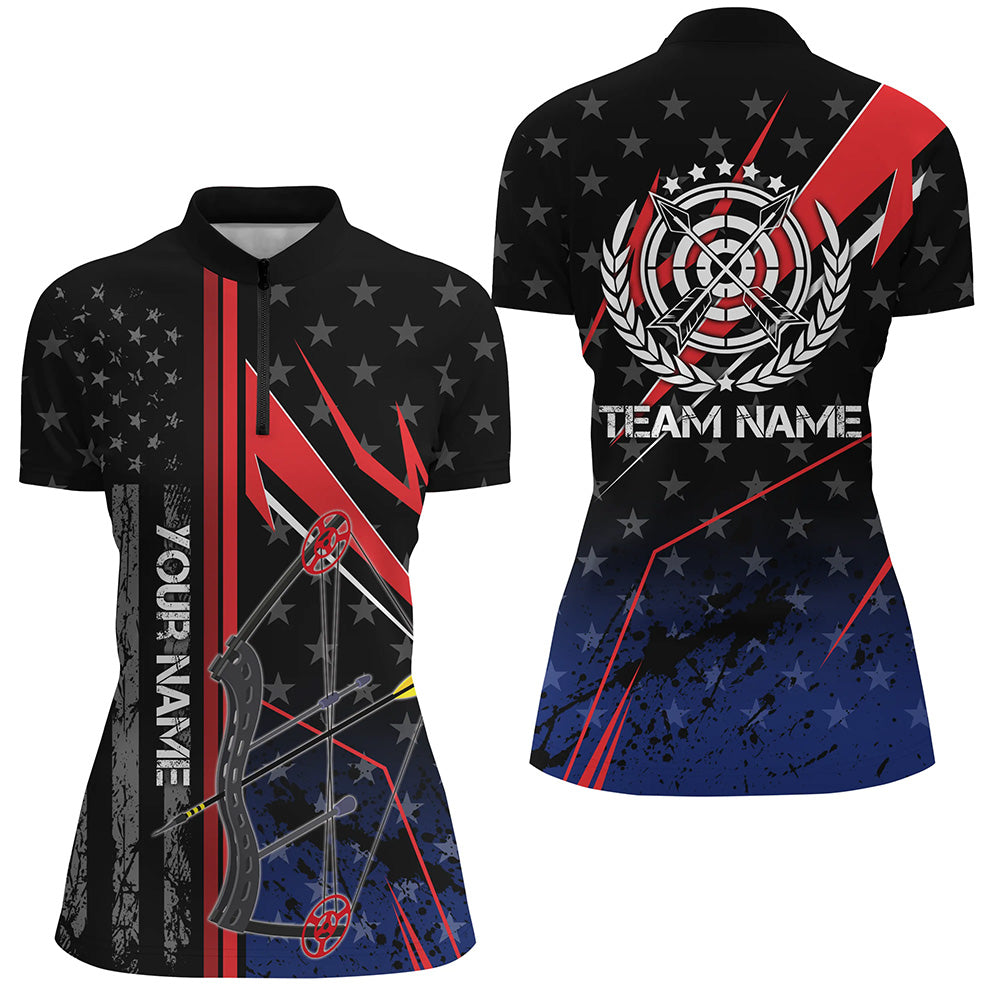 Personalized Archery Quarter-Zip Shirts For Women, Patriotic US Flag Bow Arrows Archery Shirts VHM0717