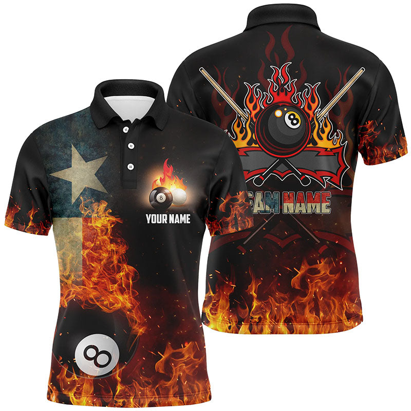 Personalized Texas Flag 8 Ball Pool On Fire 3D Billiard Polo Shirts For Men, Billiards Jerseys VHM0951
