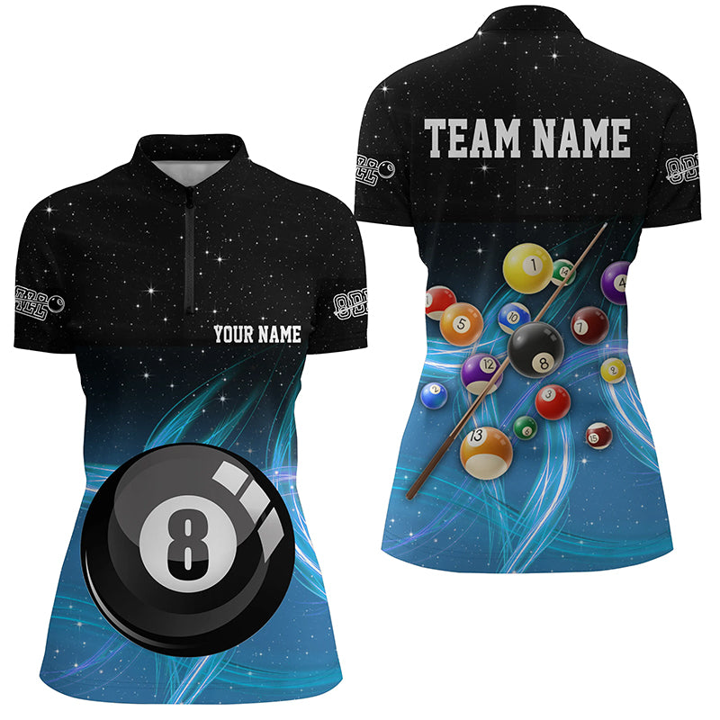 Personalized Blue Gradient 8 Ball Billiard 3D Quarter-Zip Shirts For Women, 8 Ball Pool Team Jerseys VHM1060