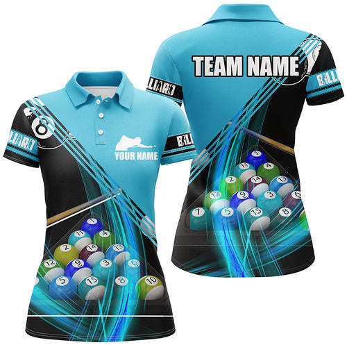 Personalized Billiard Balls Blue 3D Polo Shirts For Women, Custom Player Billiards Pool Jerseys VHM0157