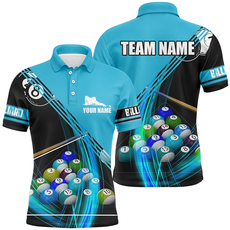 Personalized Billiard Balls Blue 3D Polo Shirts For Men, Custom Player Billiards Pool Jerseys VHM0157