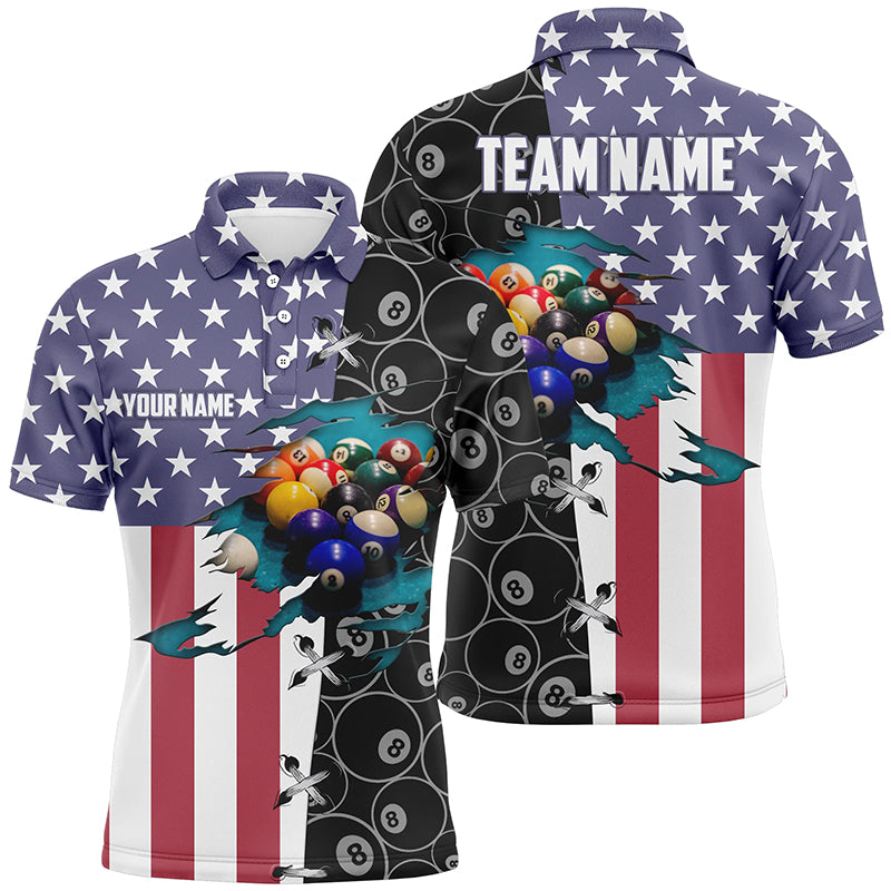 Personalized American Flag Billiard Polo Shirts For Men, Custom 8 Ball Pattern Pool Balls Jerseys VHM0184