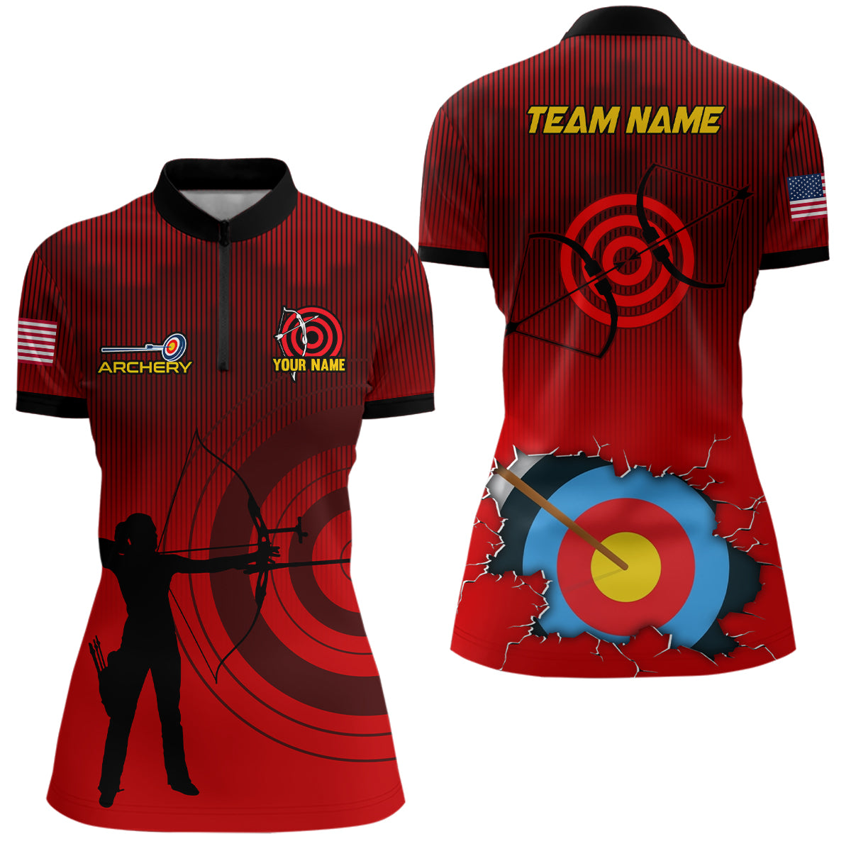 Personalized 3D Target Archery Silhouette Archer Quarter-Zip Shirts For Women, US Flag Archery Shirts VHM0636