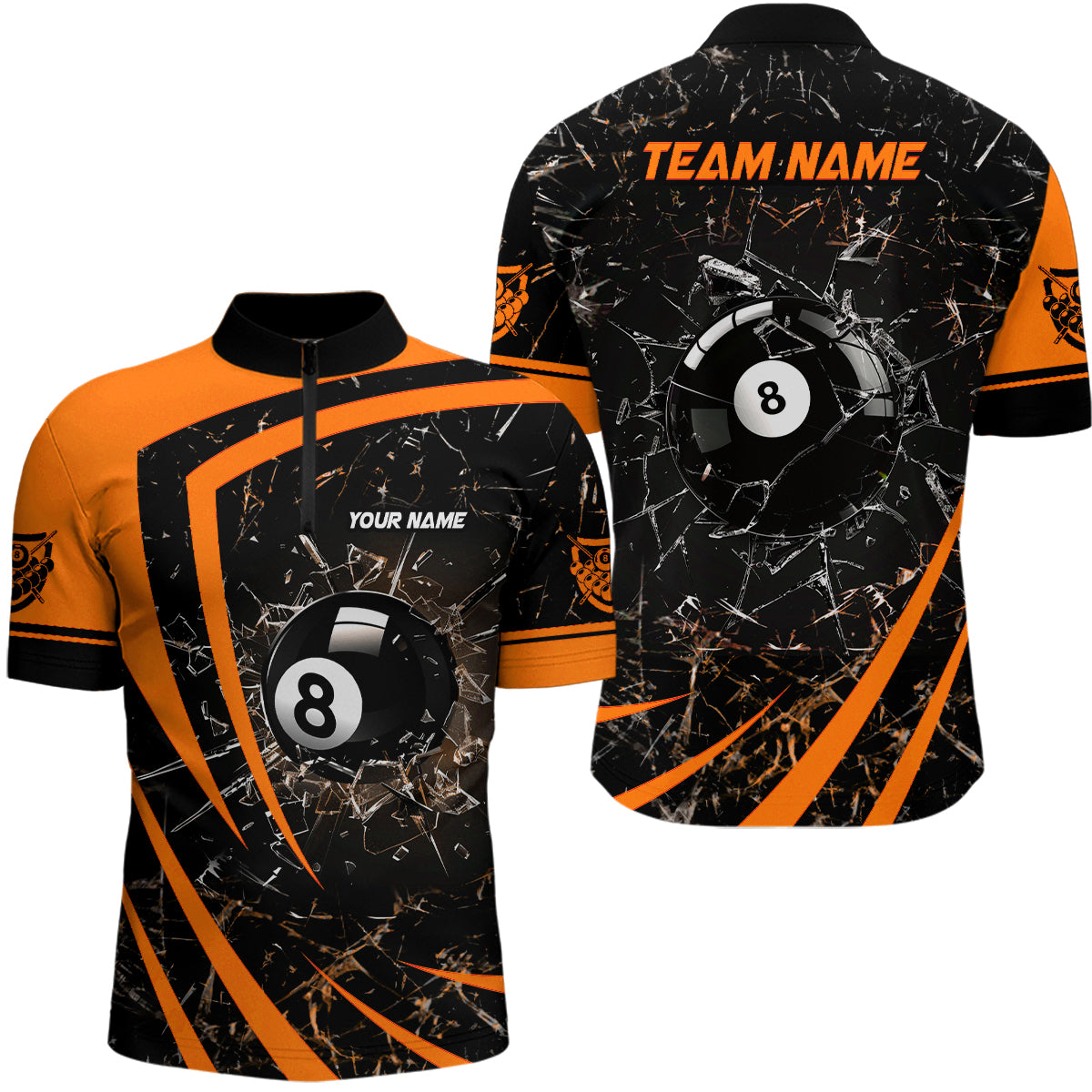 Personalized Orange Glass Break 8 Ball Billiard 3D Quarter-Zip Shirts For Men 8 Ball Pool Jerseys VHM1150