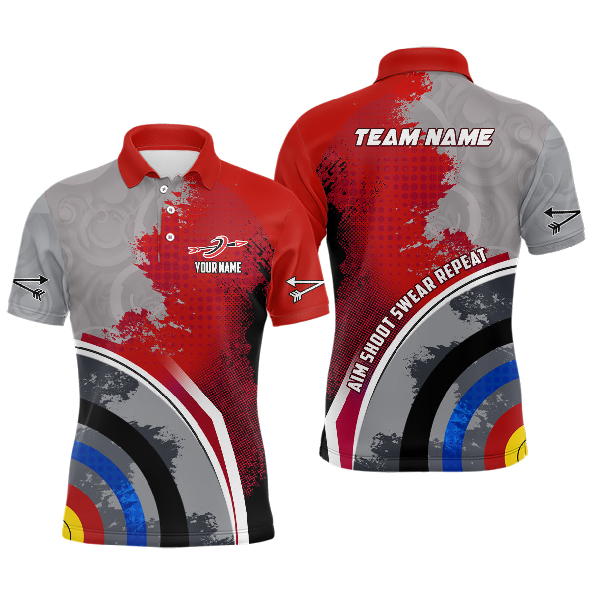Personalized Aim Shoot Swear Repeat Archery Polo Shirts For Men, Red Grey 3D Target Archery Shirts VHM0706