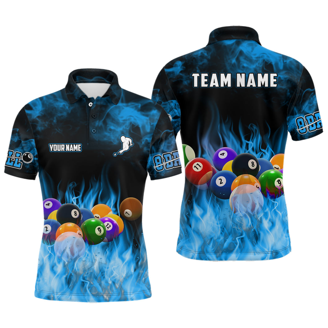 Personalized Billiard Balls Flame Billiard Blue 3D Polo Shirts For Men, Custom 8 Ball Pool Jerseys VHM0518
