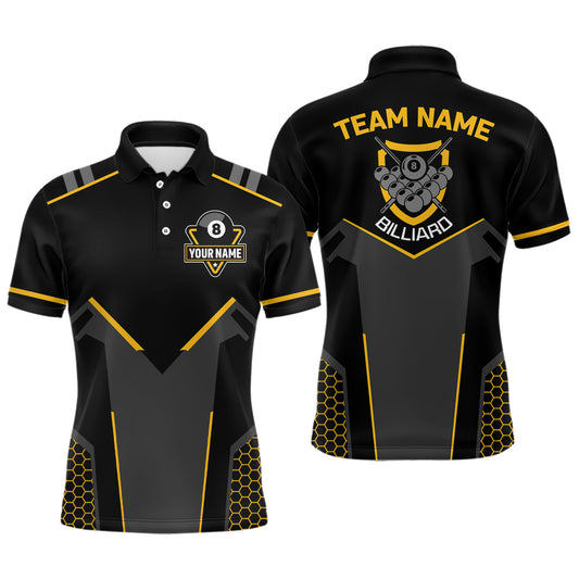 Personalized Style Black Yellow 8 Ball Billiard 3D Polo Shirts For Men, 8 Ball Pool Team Jerseys VHM1054