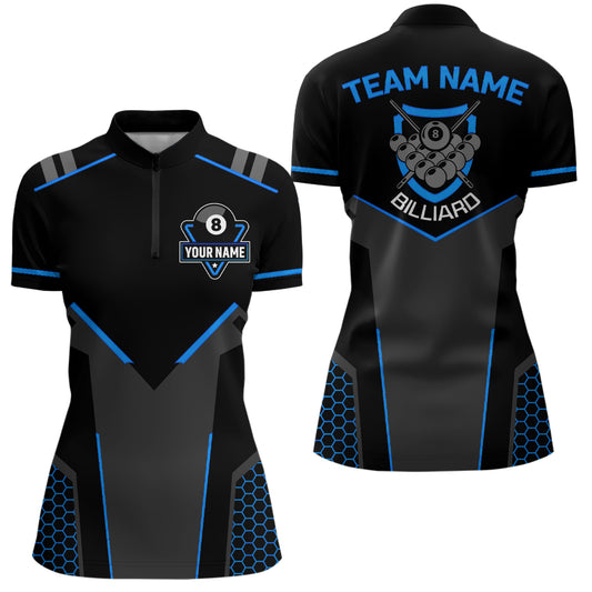 Personalized Black Blue 8 Ball Billiard 3D Quarter-Zip Shirts For Women, 8 Ball Pool Team Jerseys VHM1057