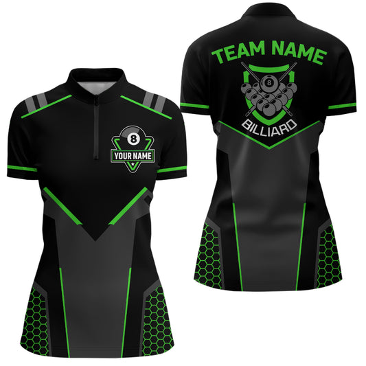 Personalized Black Green 8 Ball Billiard 3D Quarter-Zip Shirts For Women, 8 Ball Pool Team Jerseys VHM1058