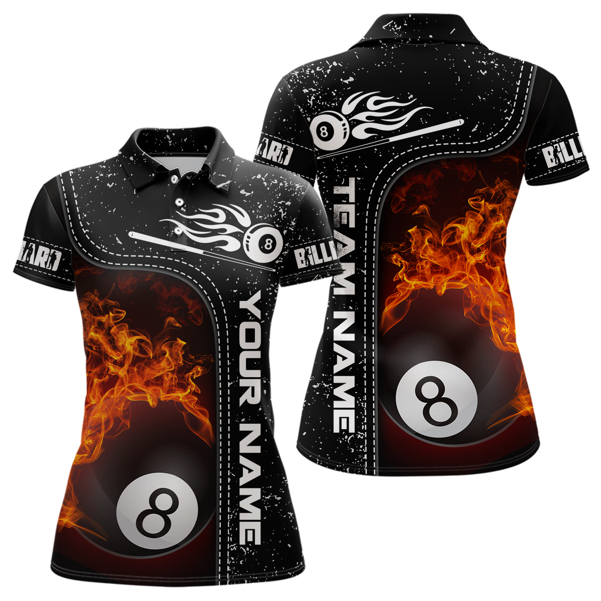 Personalized 8 Ball Flame Billiard Black 3D Polo Shirts For Women, Custom Name Billiard Team Shirts VHM0337