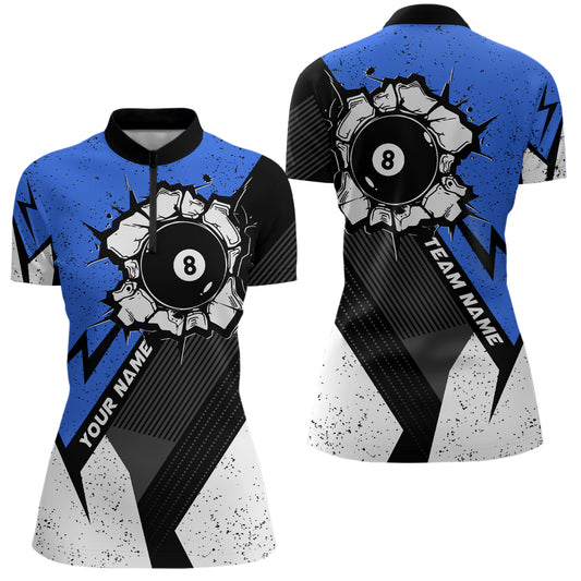 Personalized Blue Grunge 8 Ball Billiard 3D Quarter-Zip Shirts For Women, 8 Ball Pool Team Jerseys VHM1064