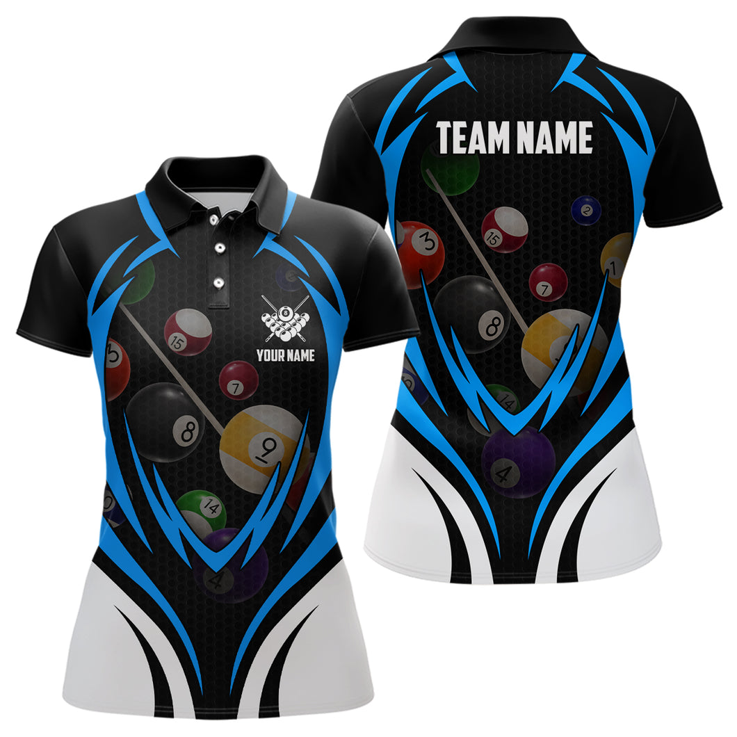 Funny Pool Balls Billiards Custom Name 3D Polo Shirts For Women, Custom Pool Billiard Blue Jerseys VHM0127