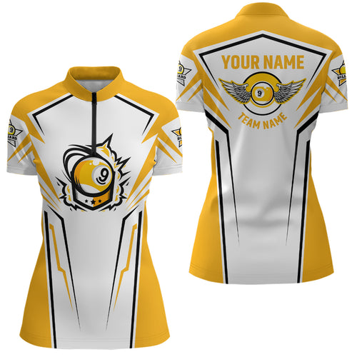 Personalized 3D Funny Billiard 9 Ball Quarter-Zip Shirts For Women, White Yellow 9 Ball Pool Jerseys VHM0759