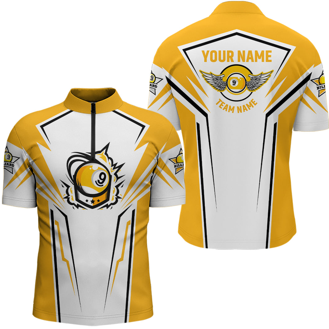 Personalized 3D Funny Billiard 9 Ball Quarter-Zip Shirts For Men, White Yellow 9 Ball Pool Jerseys VHM0759