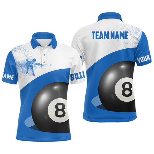 Personalized 3D Funny Billiard 8 Ball Pool Blue Polo Shirts For Men, Custom Player Billiards Jerseys VHM0167