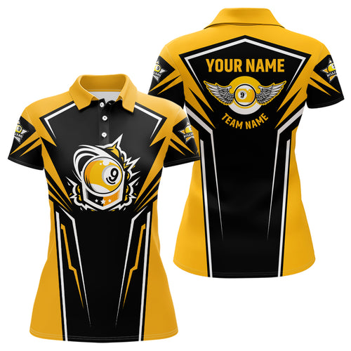 Personalized 3D Funny Billiards Polo Shirts For Women, Custom Name 9 Ball Pool Yellow Jerseys VHM0189