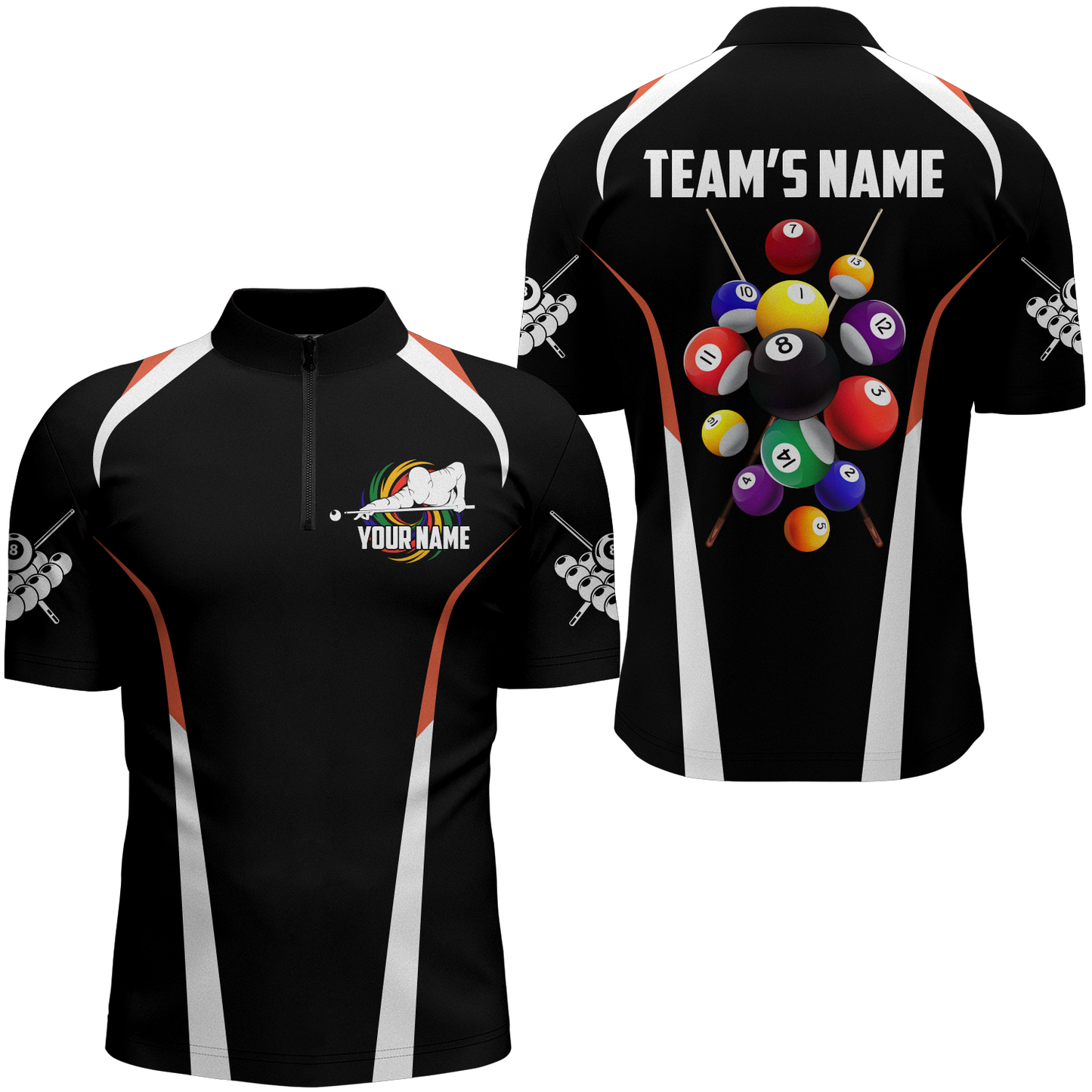 Personalized Billiard Balls 3D Quarter-Zip Shirts For Men, Black Colors Billiard Players Jerseys VHM0379