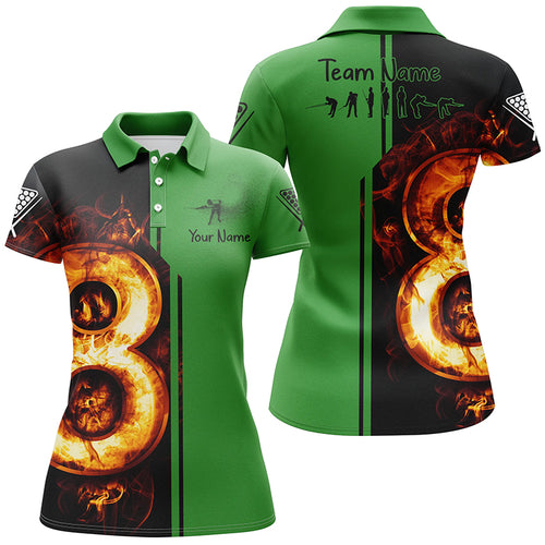 Personalized Green Funny Pool Player 3D Fire Billiard Polo Shirts For Women, 8 Ball Billiard Shirts TDM0088