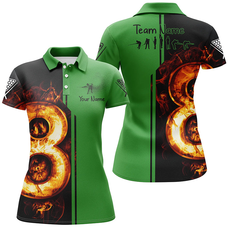 Personalized Green Funny Pool Player 3D Fire Billiard Polo Shirts For Women, 8 Ball Billiard Shirts TDM0088