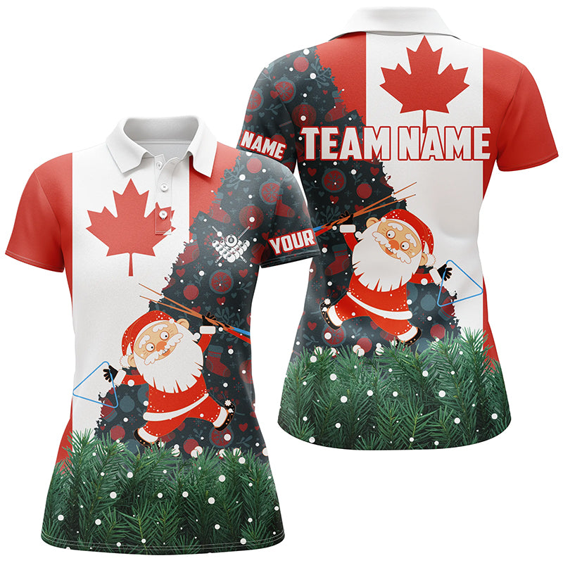 Funny Christmas Santa And Billiard Canada Flag Custom Women Polo Shirts Patriotic Christmas Shirts TDM0586