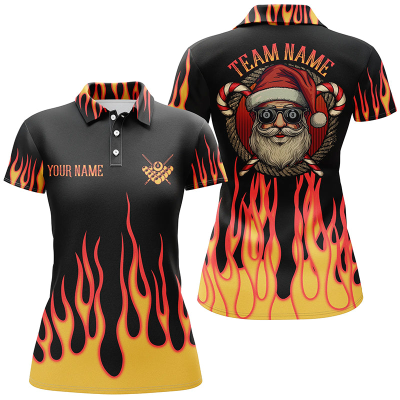 Funny Christmas Santa With Flame Custom Billiard Shirts, 8 Ball Pool Ladies Christmas Polo Shirts TDM0613