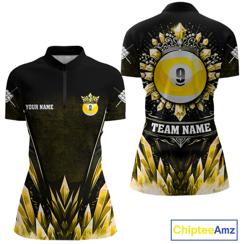 Customized Yellow Icy Funny 9 Ball Pool Crown Women Quarter-Zip Shirt Custom Billiard Jersey TDM1297