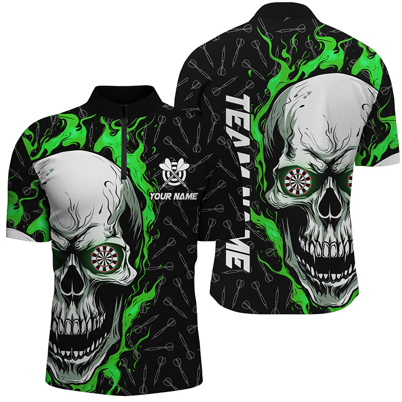 Personalized 3D Green Skull Flame Dart Quarter-Zip Custom Dart Shirts For Men Dart Jerseys TDM1179