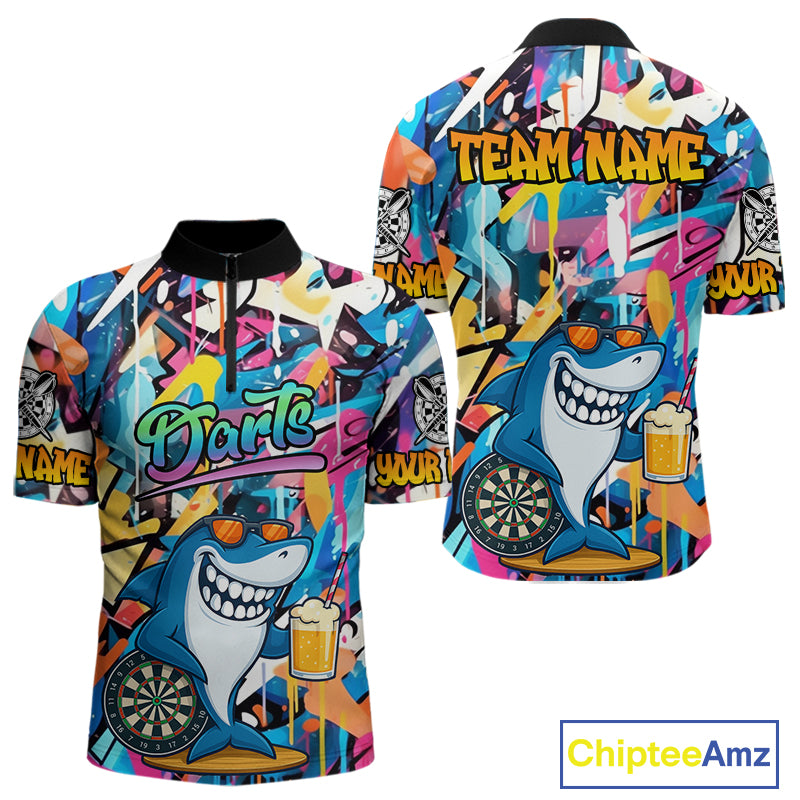 Funny Shark Colorful Graffiti Style Custom Dart Shirts For Men, Dart Team Jersey Best Darts Outfit TDM3849