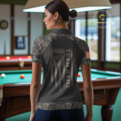 Woman wearing personalized retro camo US flag 8 ball pool billiard polo shirt back view.