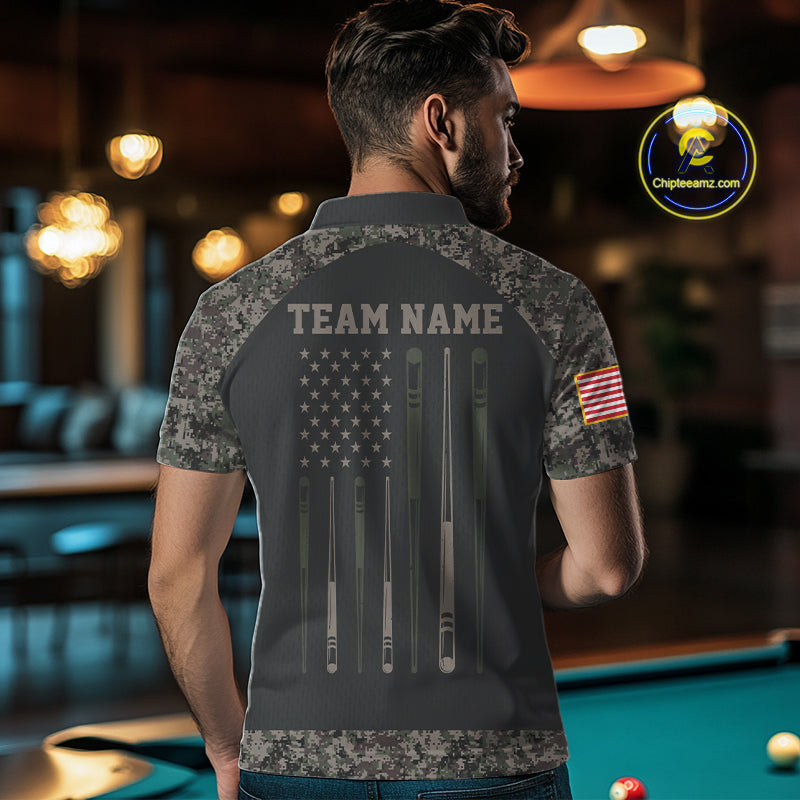 Man wearing personalized retro camo US flag patriotic 8 ball pool billiard polo shirt back view.