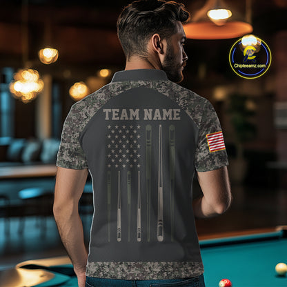 Man wearing personalized retro camo US flag patriotic 8 ball pool billiard polo shirt back view.