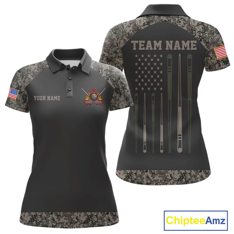 Personalized retro camo US flag patriotic 8 ball pool billiard team jersey polo shirt for women, custom pool league apparel and tournament jersey with vintage camouflage design.