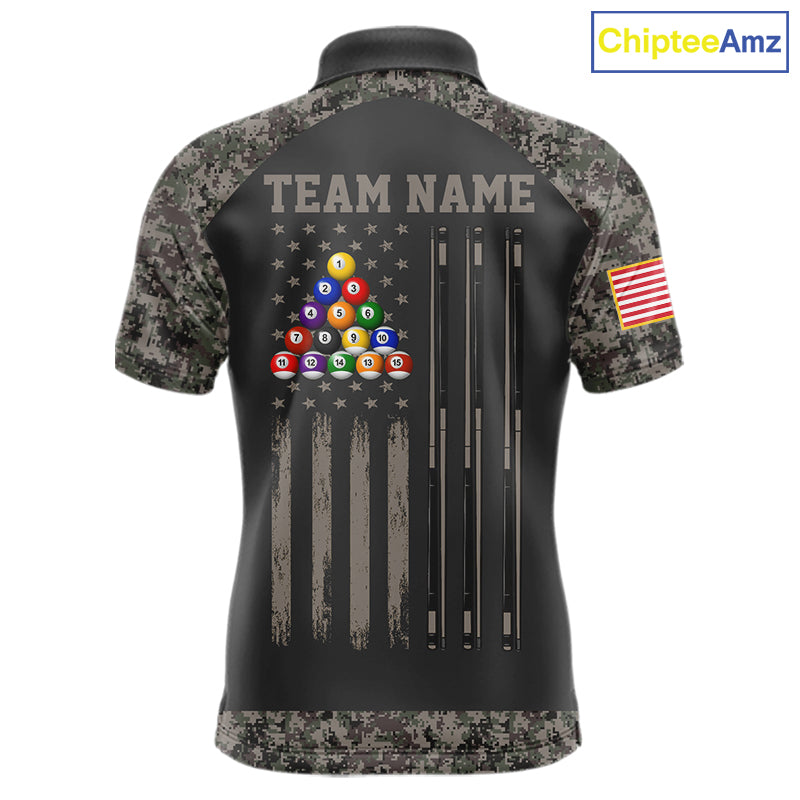 Personalized retro camo US flag patriotic 8 ball pool billiard team jersey polo shirt for men, custom pool league apparel and tournament jersey.
