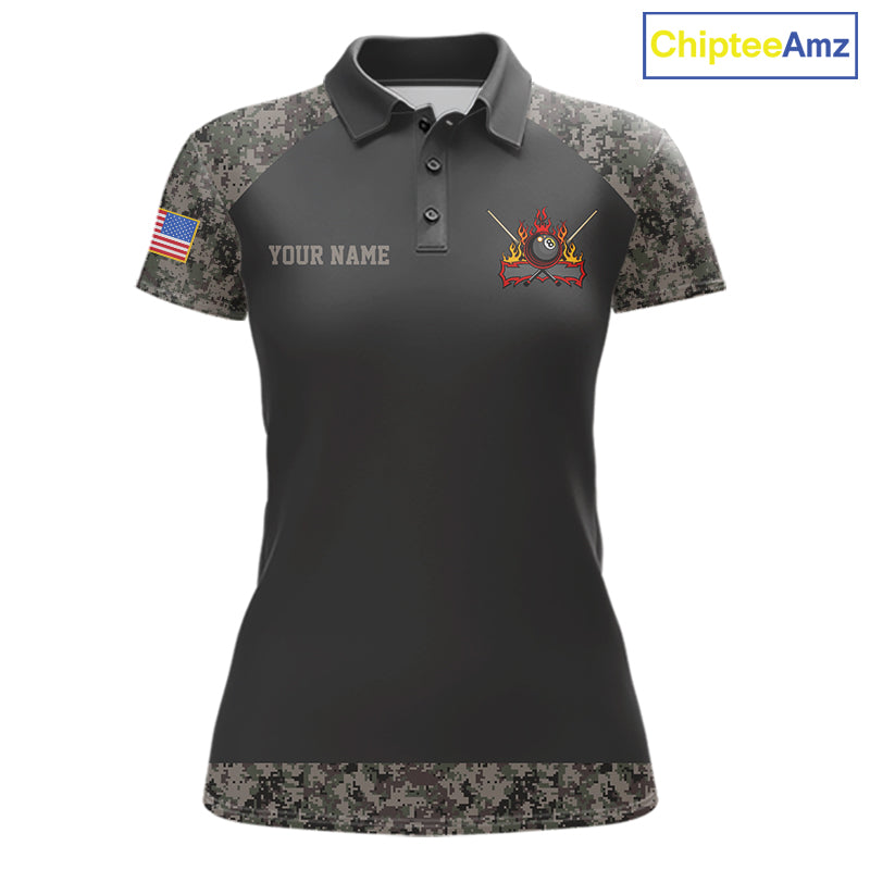 Personalized retro camo US flag patriotic 8 ball pool billiard team jersey polo shirt for women, custom pool league apparel and tournament jersey.