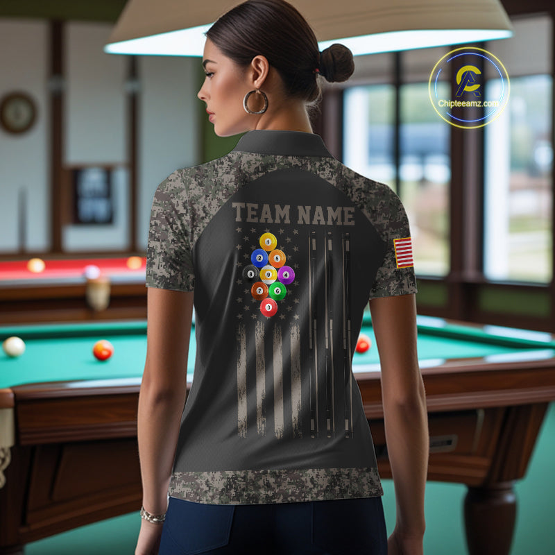 Woman wearing personalized retro camo US flag patriotic 9 ball pool billiard polo shirt back view.