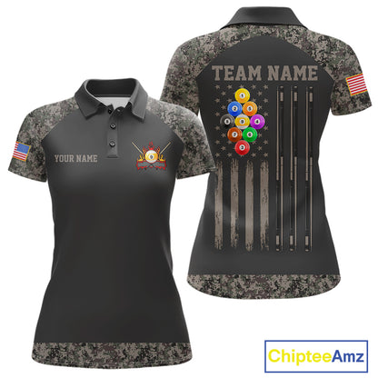 Personalized retro camo US flag patriotic 9 ball pool billiard team jersey polo shirt for women, custom pool league apparel and tournament jersey.