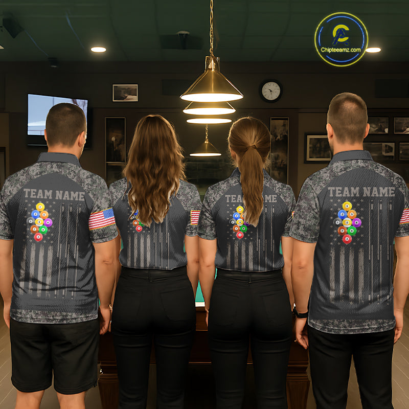 Billiard team wearing matching retro camo US flag patriotic 9 ball pool jerseys back view.