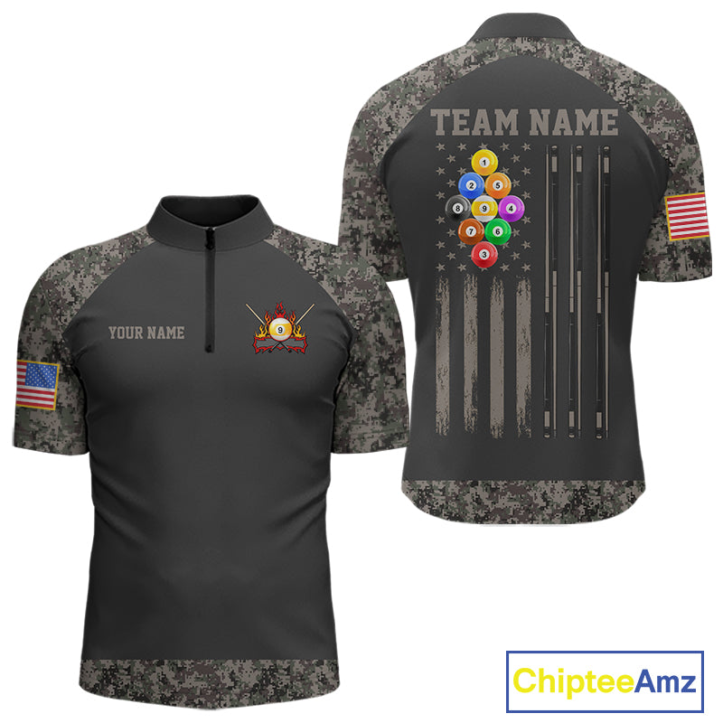 Personalized retro camo US flag patriotic 9 ball pool billiard quarter zip shirt for men, custom patriotic pool team jersey.