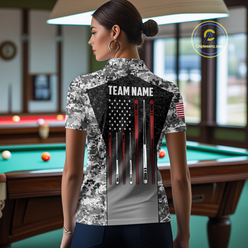 Woman wearing black and white camo US flag 8 ball pool billiard polo shirt back view.