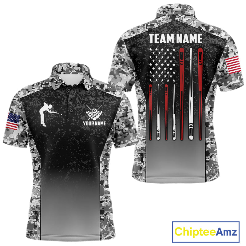 Black and white camo US flag 8 ball pool billiard team jersey polo shirt for men, custom patriotic pool league apparel and tournament jersey.