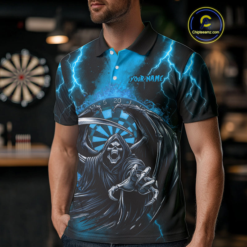 Personalized Blue Grim Reaper Thunder Lightning Darts Shirt For Men, 3D Darts Team Jerseys TDM4532