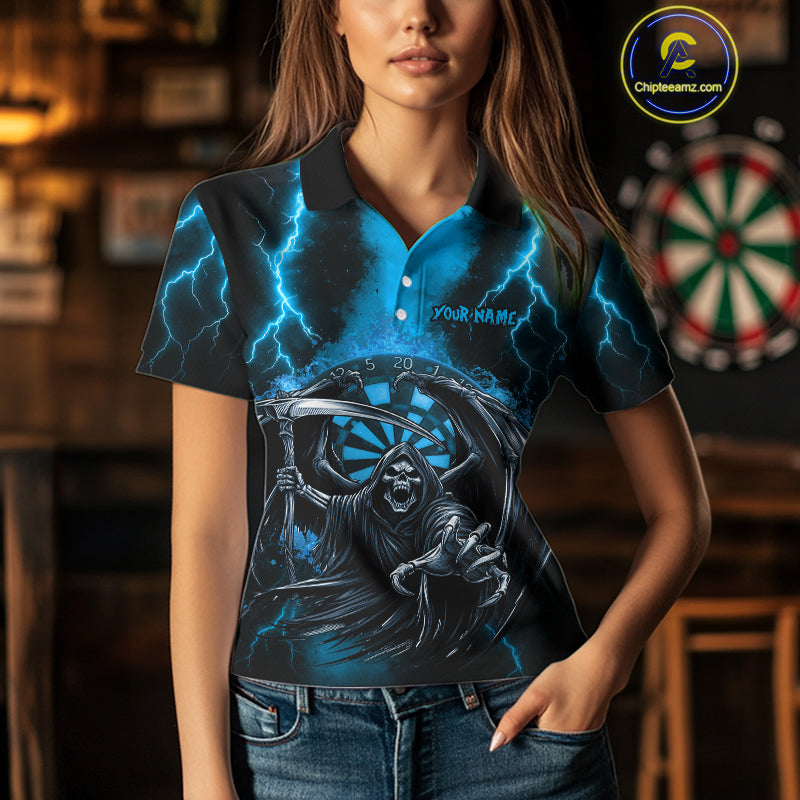 Personalized Blue Grim Reaper Thunder Lightning Darts Shirt For Women, 3D Darts Team Jerseys TDM4532
