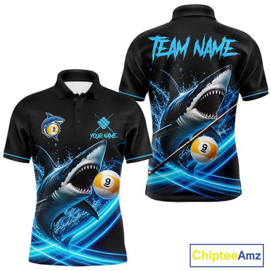 Black And Blue 9 Ball Shark Billiard League Shirts For Men Custom Pool Team Jersey Polo & 1/4 Zip TDM7166