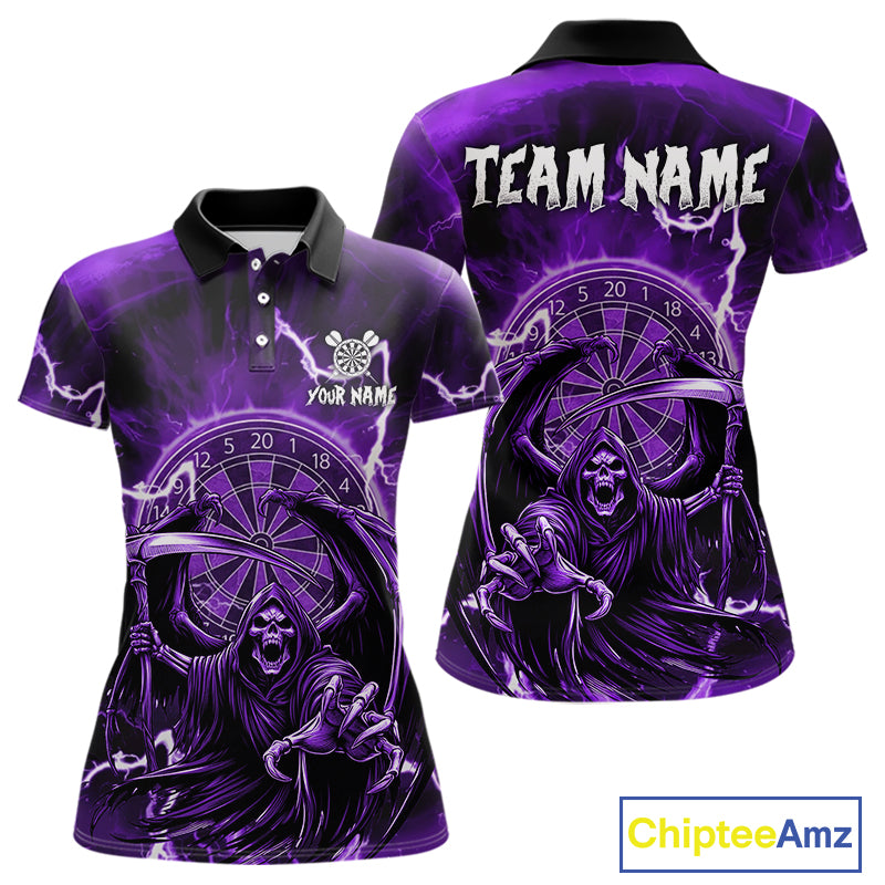 Purple Grim Reaper Lightning 3D Darts Shirt For Women Custom Darts Jersey Team Polo &  1/4 Zip TDM4952