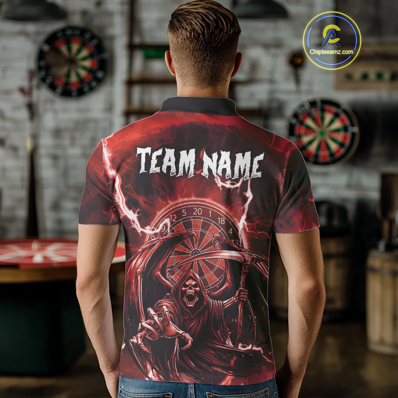 Red Grim Reaper Lightning 3D Darts Shirt For Men Custom Darts Jersey Team Polo &  1/4 Zip TDM4953
