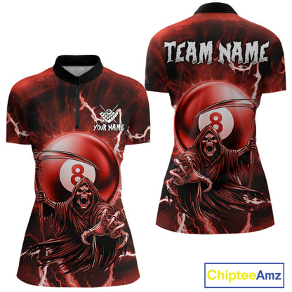Red Grim Reaper 8 Ball Billiard Shirt For Women Custom Lightning Pool Team Jersey Polo & 1/4 Zip TDM4956
