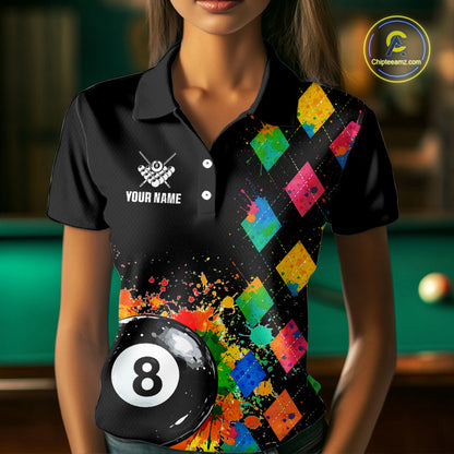Funny 8 Ball Pool Paint Colorful Argyle Custom Billiard Shirt For Women, Best Pool Team Jersey TDM4961