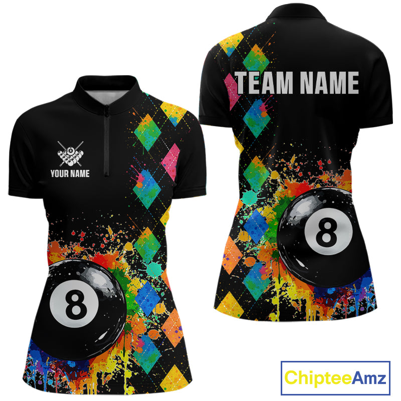 Funny 8 Ball Pool Paint Colorful Argyle Custom Billiard Shirt For Women, Best Pool Team Jersey TDM4961