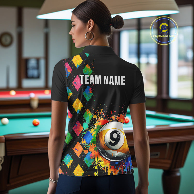 Funny 9 Ball Pool Paint Colorful Argyle Custom Billiard Shirt For Women, Best Pool Team Jersey TDM4962
