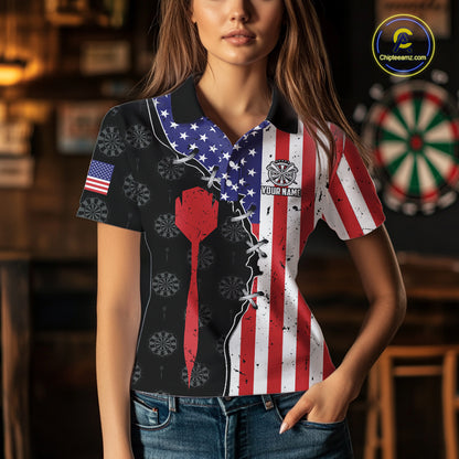 Retro American Flag Patriotic Darts Shirt For Women Custom Darts Team Jersey Polo & Quarter Zip TDM5388